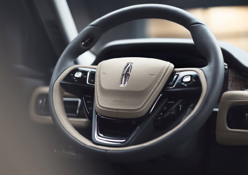 The intuitively placed controls of the steering wheel on a 2024 Lincoln Aviator® SUV | Sheehy Lincoln of Gaithersburg in Gaithersburg MD
