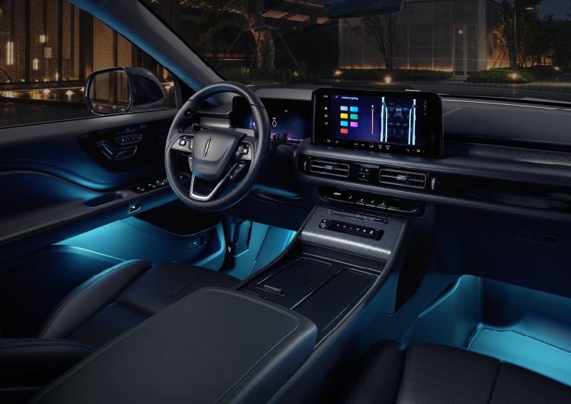 Deep blue ambient lighting glows from various places within a 2025 Lincoln Aviator® SUV. | Sheehy Lincoln of Gaithersburg in Gaithersburg MD