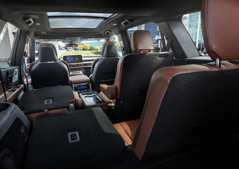 The interior of the 2025 Lincoln Aviator® SUV is shown with two seats folded down for added space. | Sheehy Lincoln of Gaithersburg in Gaithersburg MD